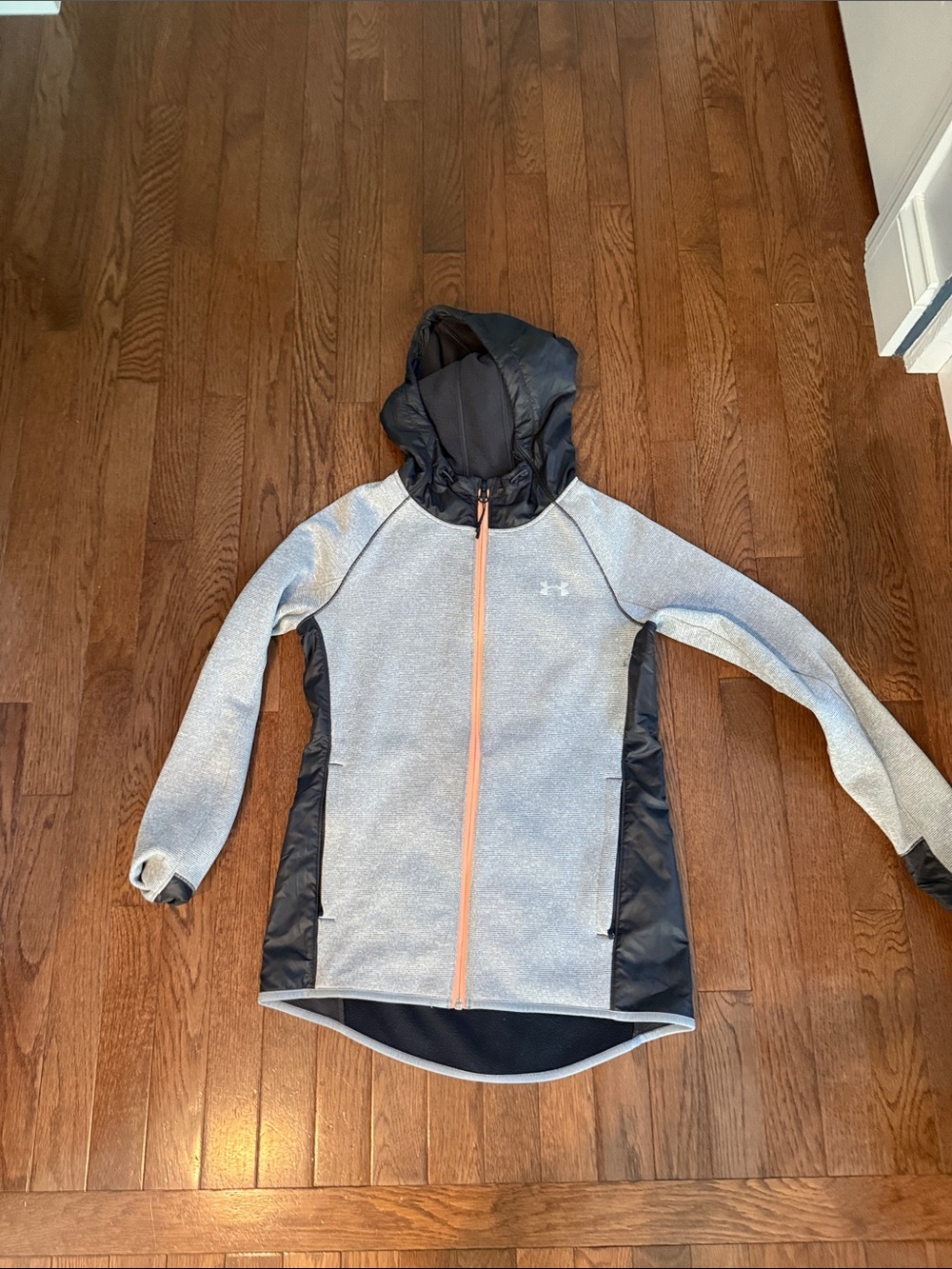 Under Armour Light Gray Hoodie with Black Panels and Orange Zipper